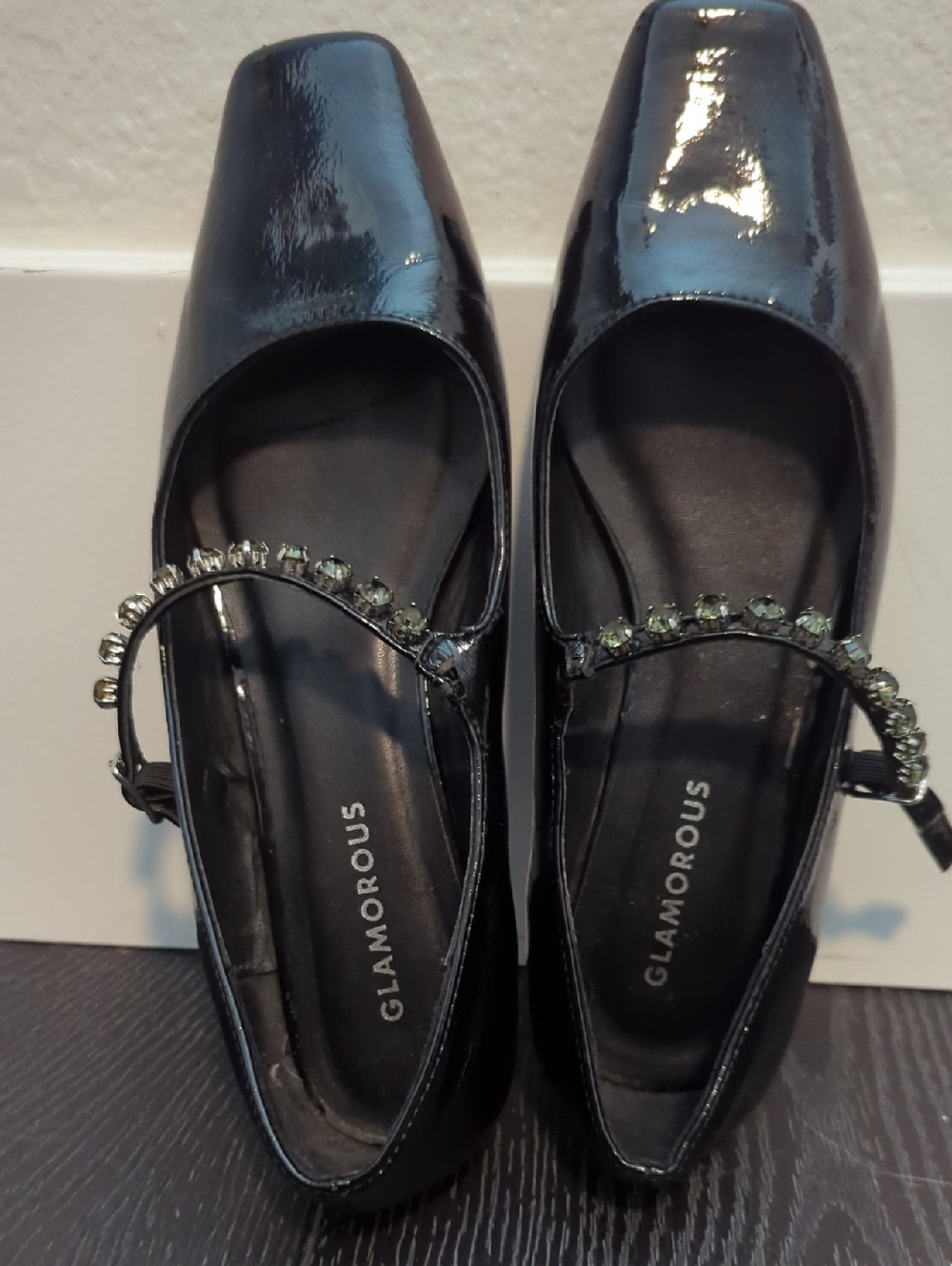 Glamorous Black Patent Mary Jane Flats with Jeweled Strap